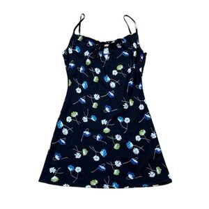 90s Y2K Vintage Black Floral Mini Dress Peek A Boo Scoop Neck M Collection Small